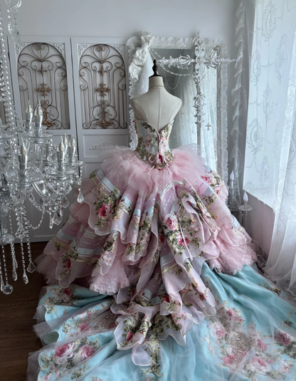 Y2K Strapless Appliques Prom Dress Pink Beading Floral A-Line Evening Dress GG7367