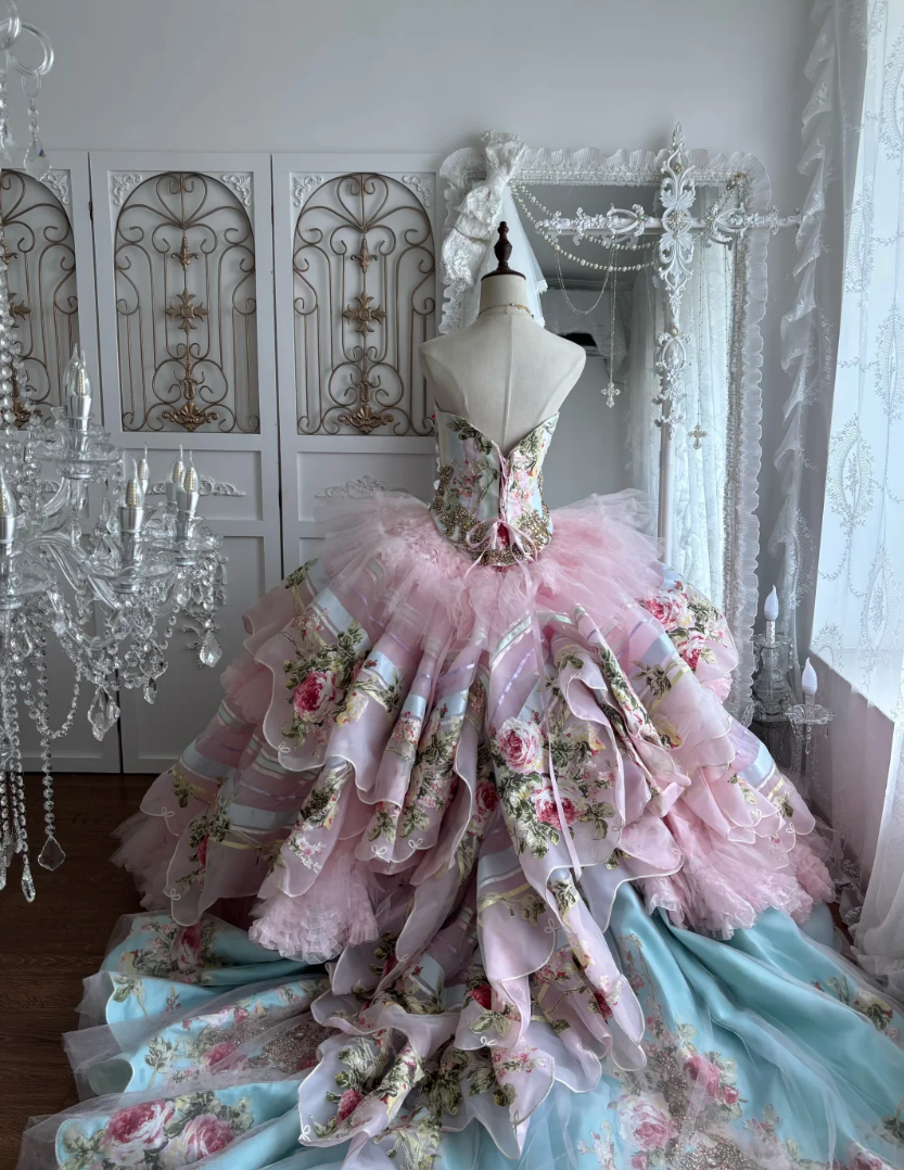 Y2K Strapless Appliques Prom Dress Pink Beading Floral A-Line Evening Dress GG7367