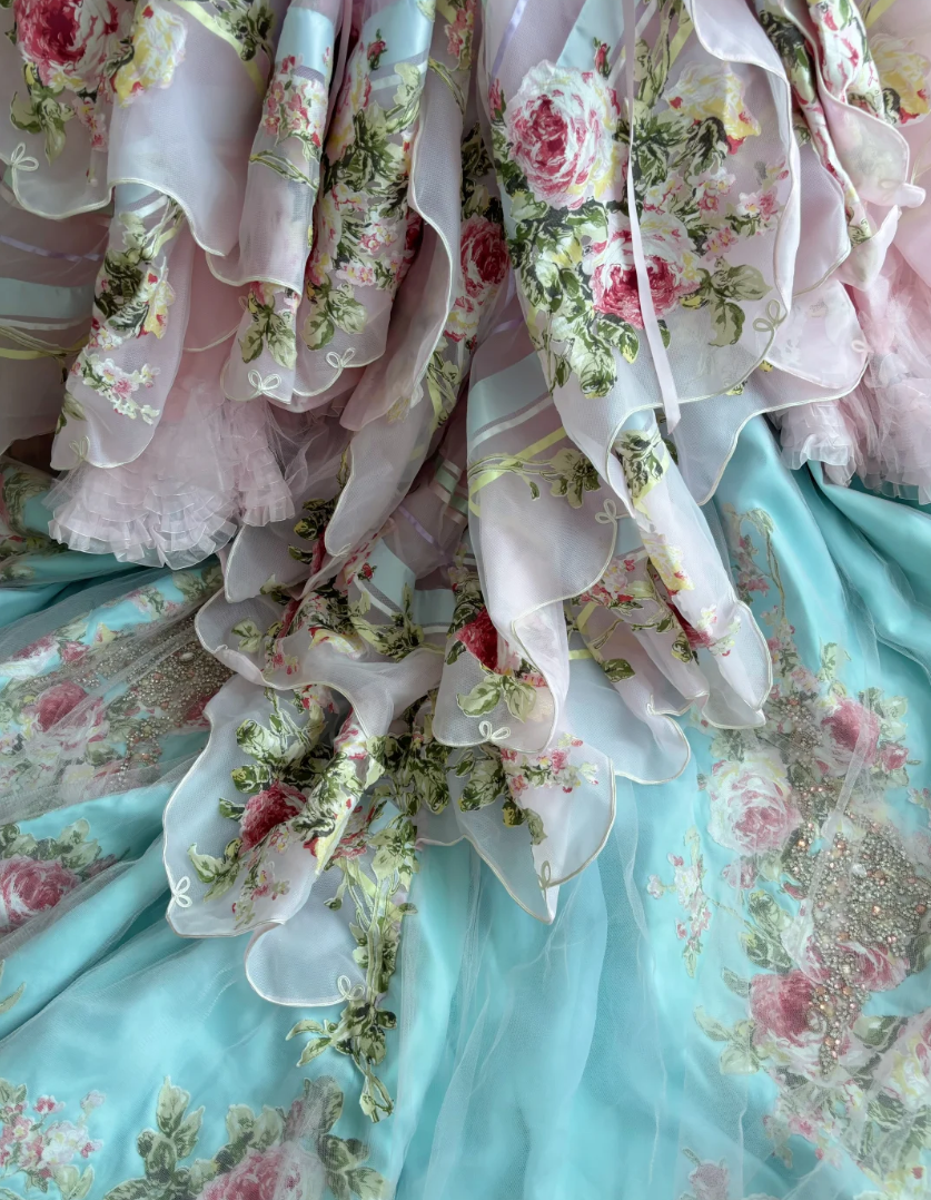 Y2K Strapless Appliques Prom Dress Pink Beading Floral A-Line Evening Dress GG7367