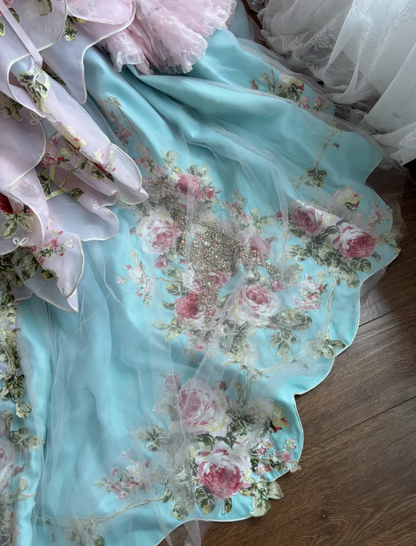 Y2K Strapless Appliques Prom Dress Pink Beading Floral A-Line Evening Dress GG7367