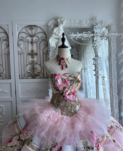 Y2K Strapless Appliques Prom Dress Pink Beading Floral A-Line Evening Dress GG7367