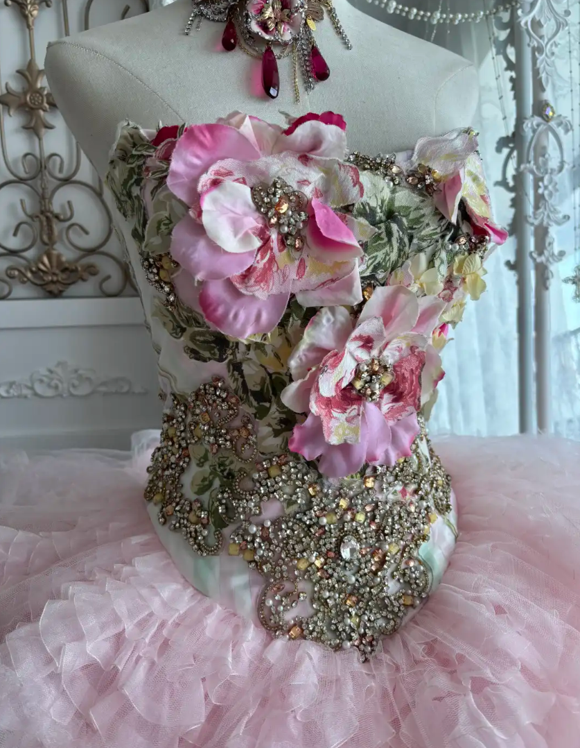 Y2K Strapless Appliques Prom Dress Pink Beading Floral A-Line Evening Dress GG7367