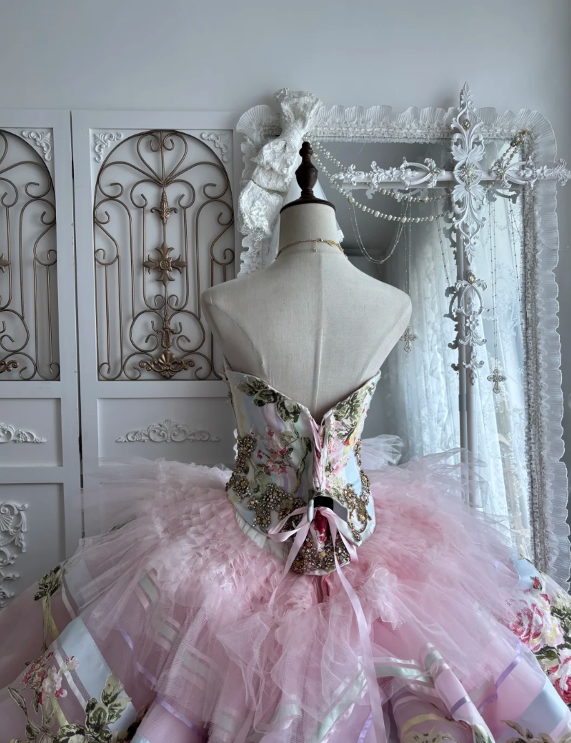 Y2K Strapless Appliques Prom Dress Pink Beading Floral A-Line Evening Dress GG7367