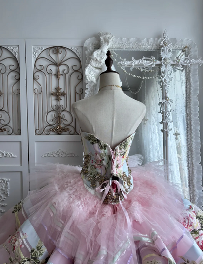 Y2K Strapless Appliques Prom Dress Pink Beading Floral A-Line Evening Dress GG7367