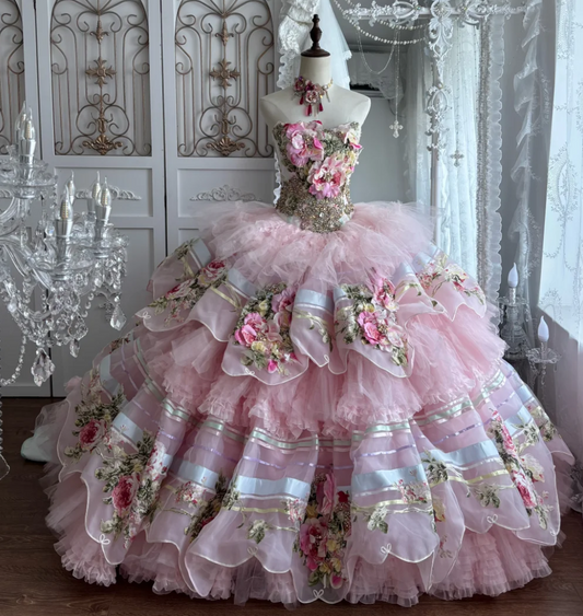 Y2K Strapless Appliques Prom Dress Pink Beading Floral A-Line Evening Dress GG7367