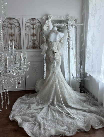 Exquisite Halter Neck Beaded Wedding Dress Long Sleeve Mermaid Bridal Dress GG7368