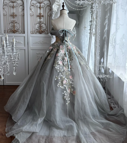 Vintage Off-Shoulder Appliques Prom Dress Grey Sequins A-Line Evening Dress GG7369