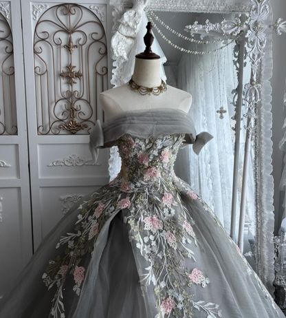 Vintage Off-Shoulder Appliques Prom Dress Grey Sequins A-Line Evening Dress GG7369