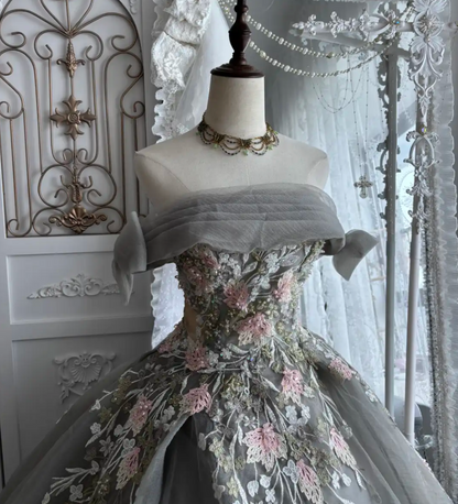 Vintage Off-Shoulder Appliques Prom Dress Grey Sequins A-Line Evening Dress GG7369