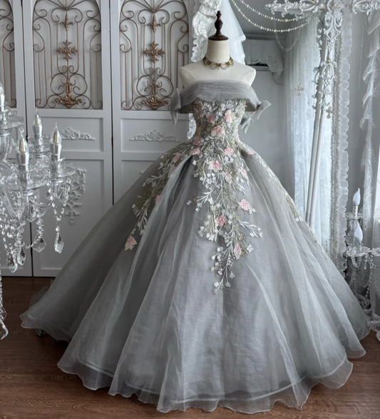 Vintage Off-Shoulder Appliques Prom Dress Grey Sequins A-Line Evening Dress GG7369