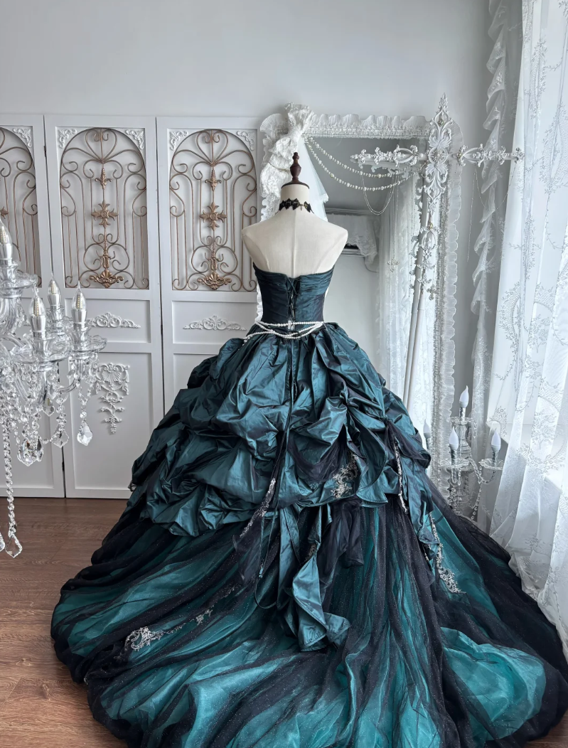 Retro Strapless Dark Green Prom Dress Beading Appliques A-Line Evening Dress GG7370