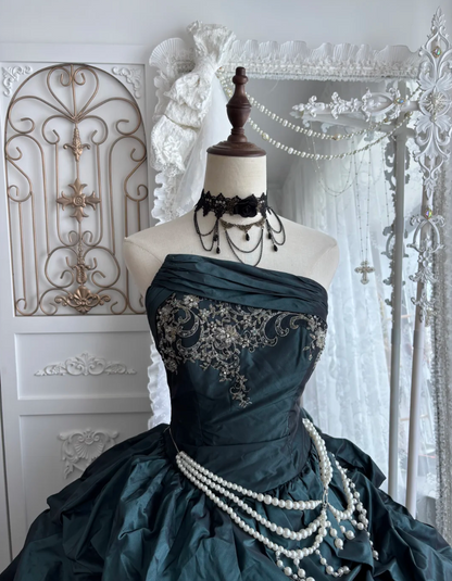 Retro Strapless Dark Green Prom Dress Beading Appliques A-Line Evening Dress GG7370