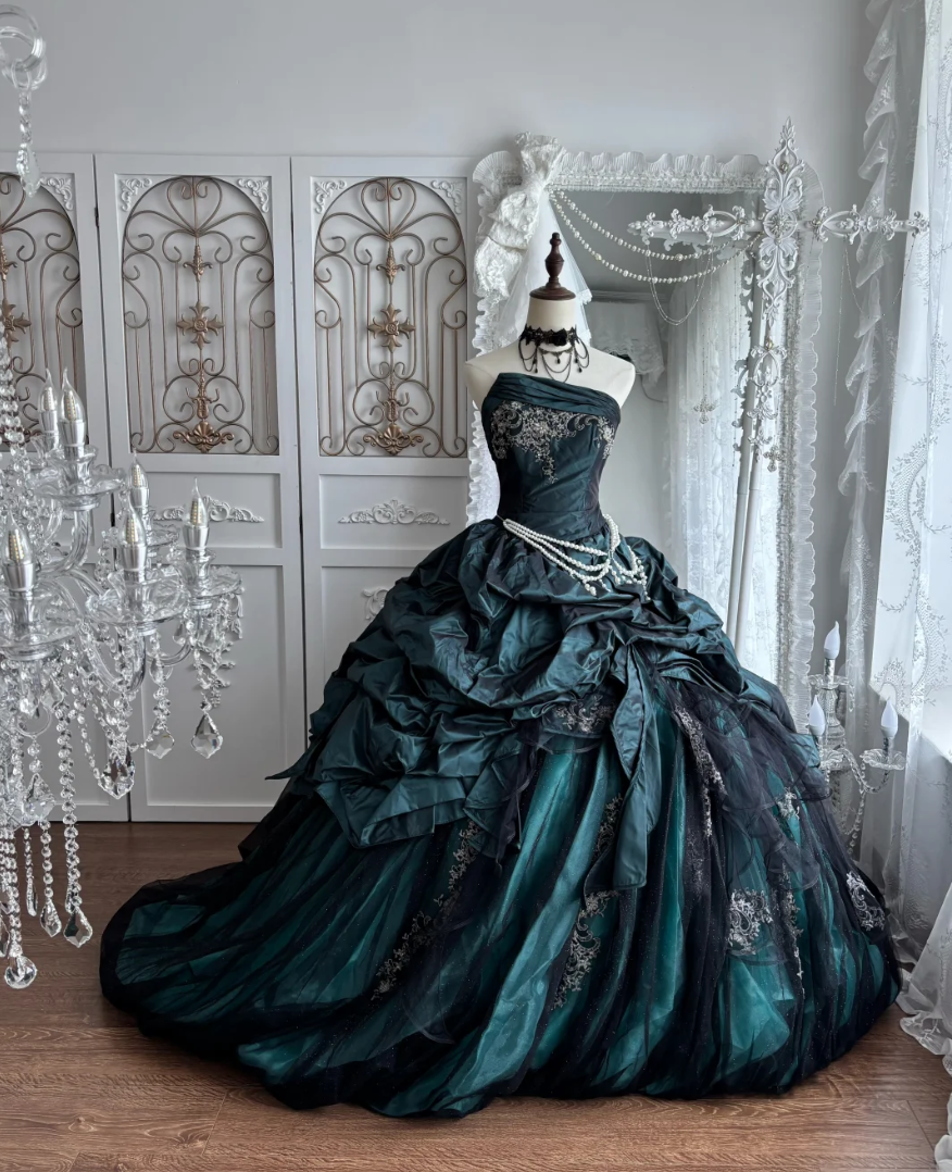 Retro Strapless Dark Green Prom Dress Beading Appliques A-Line Evening Dress GG7370