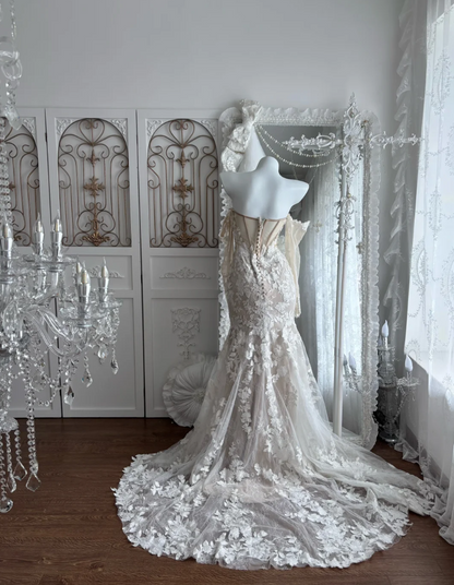 Romantic Off-Shoulder Appliques Wedding Dress Long Sleeve Mermaid Bridal Dress GG7371