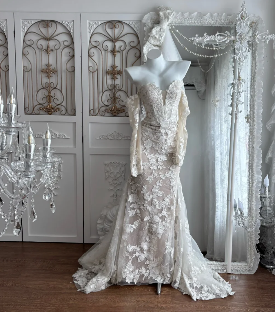 Romantic Off-Shoulder Appliques Wedding Dress Long Sleeve Mermaid Bridal Dress GG7371