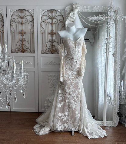 Romantic Off-Shoulder Appliques Wedding Dress Long Sleeve Mermaid Bridal Dress GG7371