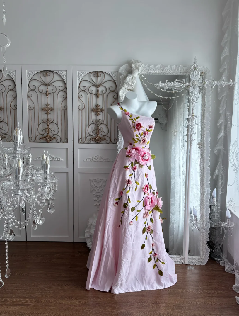 Vintage One Shoulder Pink Prom Dress With Shawl Beads Floral A-Line Evening Dress GG7372