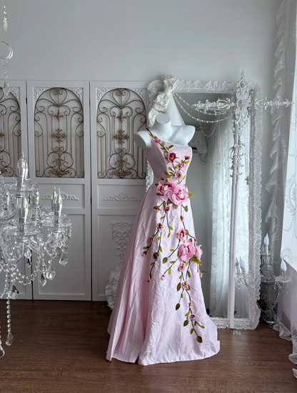 Vintage One Shoulder Pink Prom Dress With Shawl Beads Floral A-Line Evening Dress GG7372