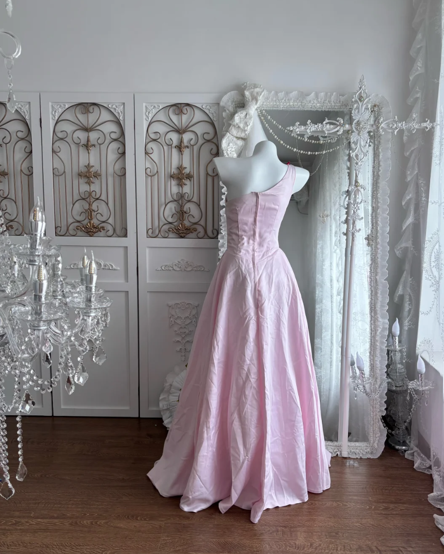 Vintage One Shoulder Pink Prom Dress With Shawl Beads Floral A-Line Evening Dress GG7372