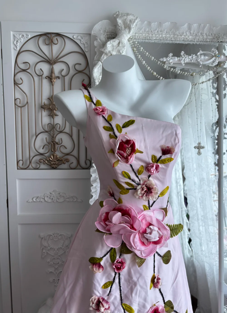 Vintage One Shoulder Pink Prom Dress With Shawl Beads Floral A-Line Evening Dress GG7372