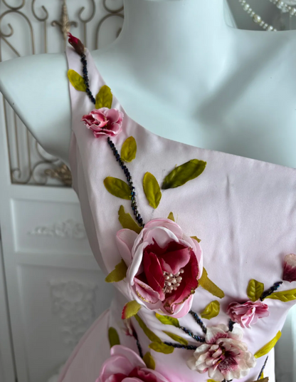 Vintage One Shoulder Pink Prom Dress With Shawl Beads Floral A-Line Evening Dress GG7372