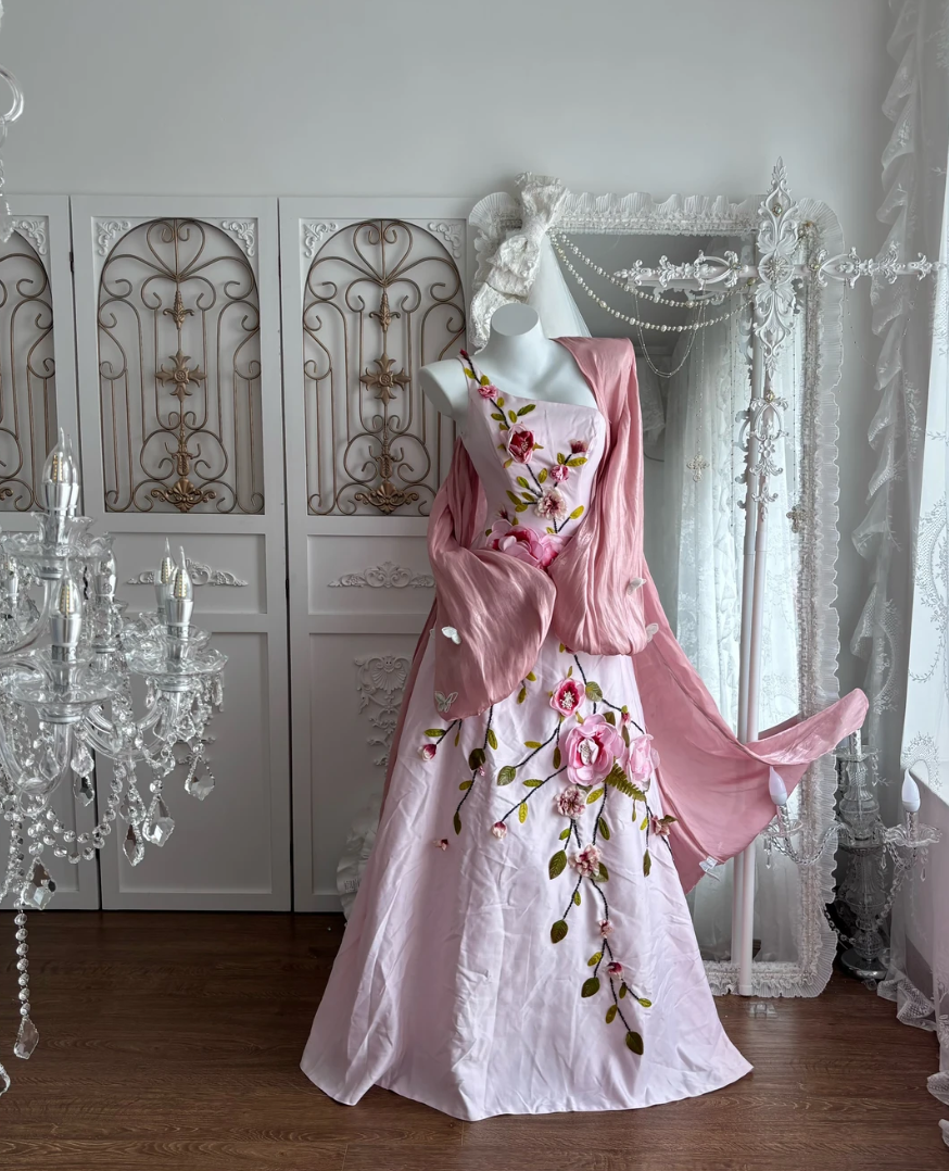Vintage One Shoulder Pink Prom Dress With Shawl Beads Floral A-Line Evening Dress GG7372