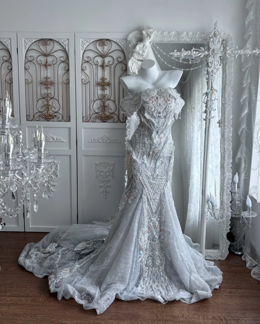 Romantic Off-Shoulder Beaded Wedding Dress Sequins Mermaid Bridal Dress GG7373