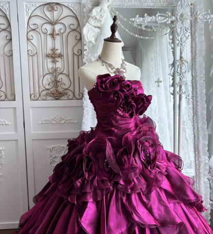 Attractive Strapless Fuchsia Prom Dress Ruffles Sequins Handmade Flowers A-Line Evening Dress GG7374