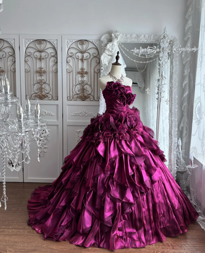Attractive Strapless Fuchsia Prom Dress Ruffles Sequins Handmade Flowers A-Line Evening Dress GG7374
