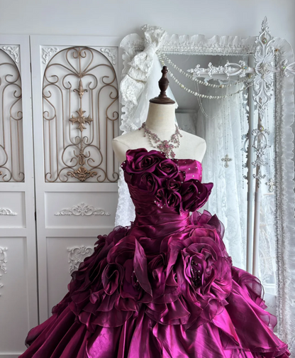 Attractive Strapless Fuchsia Prom Dress Ruffles Sequins Handmade Flowers A-Line Evening Dress GG7374