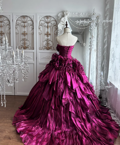 Attractive Strapless Fuchsia Prom Dress Ruffles Sequins Handmade Flowers A-Line Evening Dress GG7374
