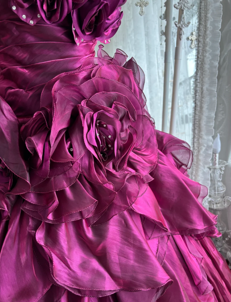 Attractive Strapless Fuchsia Prom Dress Ruffles Sequins Handmade Flowers A-Line Evening Dress GG7374