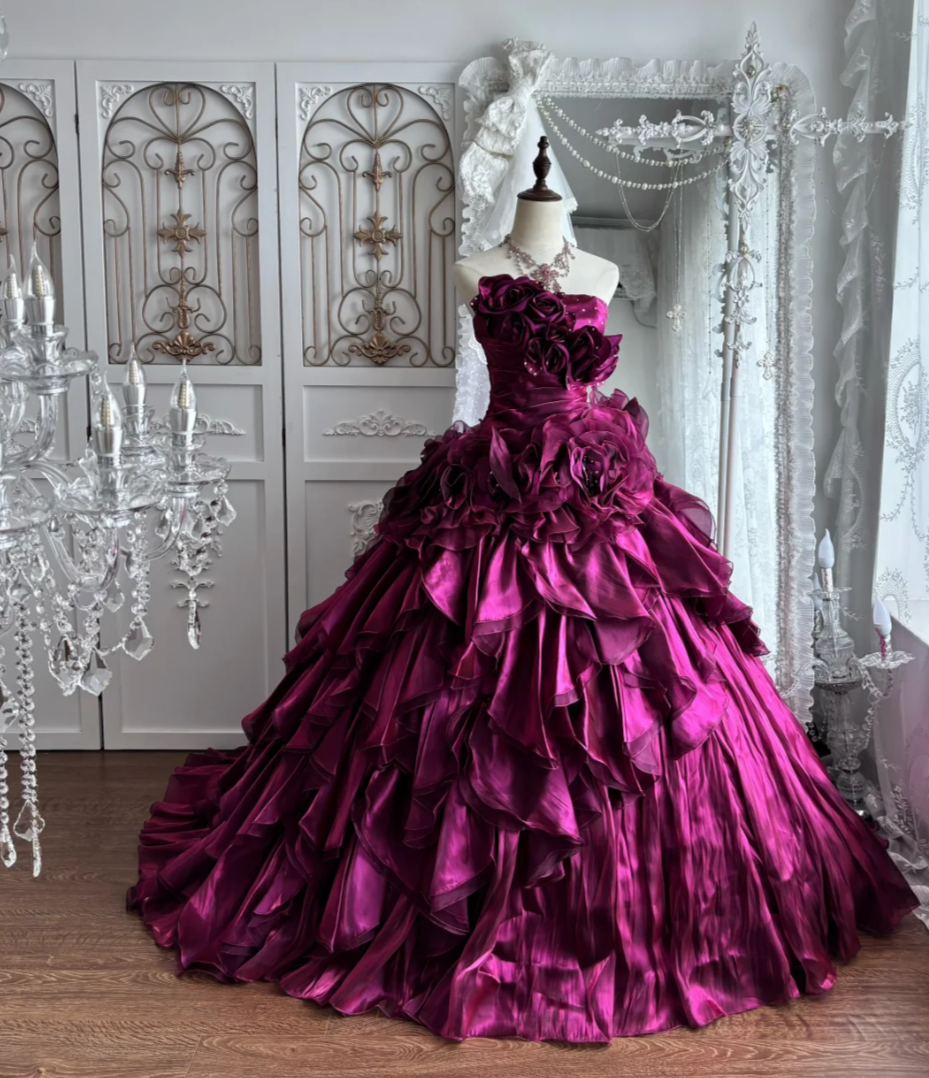 Attractive Strapless Fuchsia Prom Dress Ruffles Sequins Handmade Flowers A-Line Evening Dress GG7374