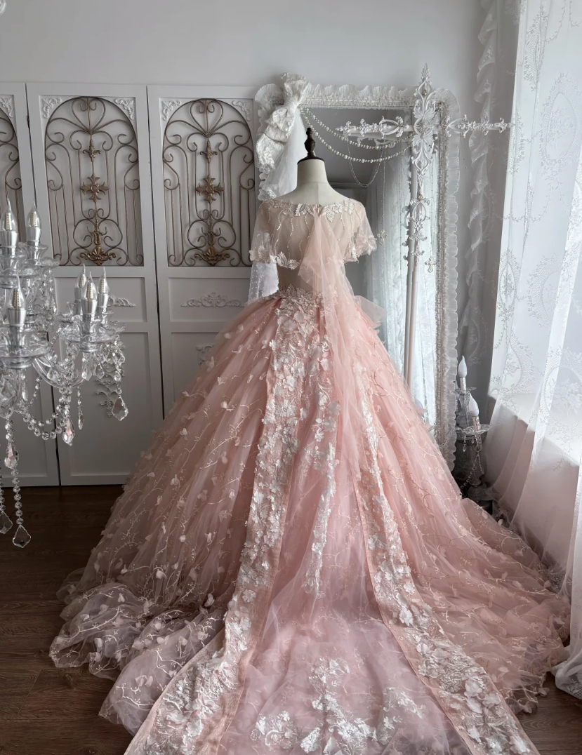 Lovely Jewel Neck Sequins Pink Prom Dress Appliques Short Sleeve A-Line Evening Dress GG7375