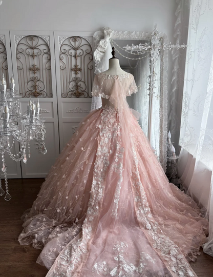 Lovely Jewel Neck Sequins Pink Prom Dress Appliques Short Sleeve A-Line Evening Dress GG7375