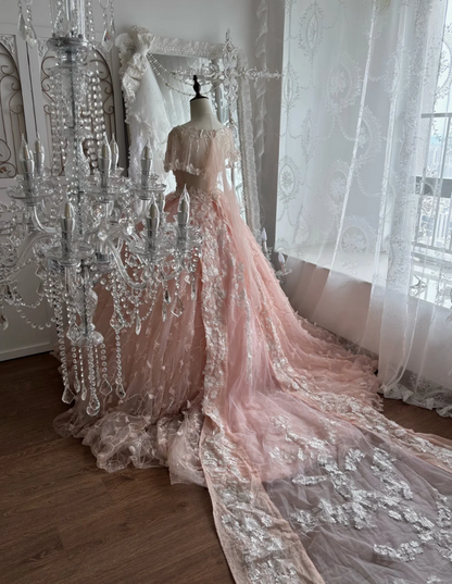 Lovely Jewel Neck Sequins Pink Prom Dress Appliques Short Sleeve A-Line Evening Dress GG7375