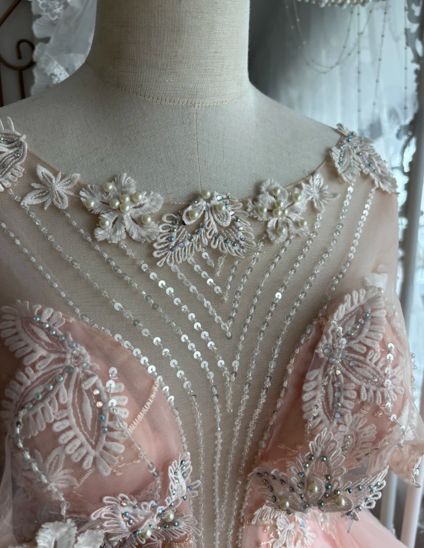 Lovely Jewel Neck Sequins Pink Prom Dress Appliques Short Sleeve A-Line Evening Dress GG7375
