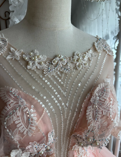 Lovely Jewel Neck Sequins Pink Prom Dress Appliques Short Sleeve A-Line Evening Dress GG7375