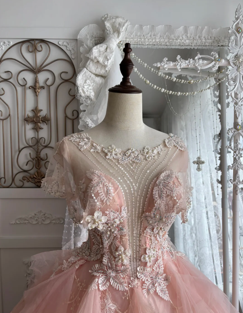 Lovely Jewel Neck Sequins Pink Prom Dress Appliques Short Sleeve A-Line Evening Dress GG7375