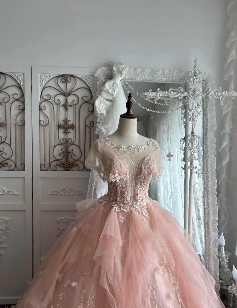 Lovely Jewel Neck Sequins Pink Prom Dress Appliques Short Sleeve A-Line Evening Dress GG7375