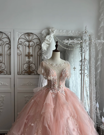 Lovely Jewel Neck Sequins Pink Prom Dress Appliques Short Sleeve A-Line Evening Dress GG7375