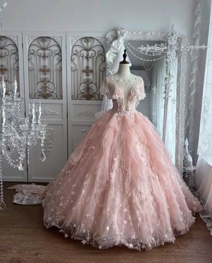 Lovely Jewel Neck Sequins Pink Prom Dress Appliques Short Sleeve A-Line Evening Dress GG7375