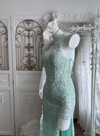 Alluring Halter Neck Green Prom Dress Sequins Slit Mermaid Evening Dress GG7376