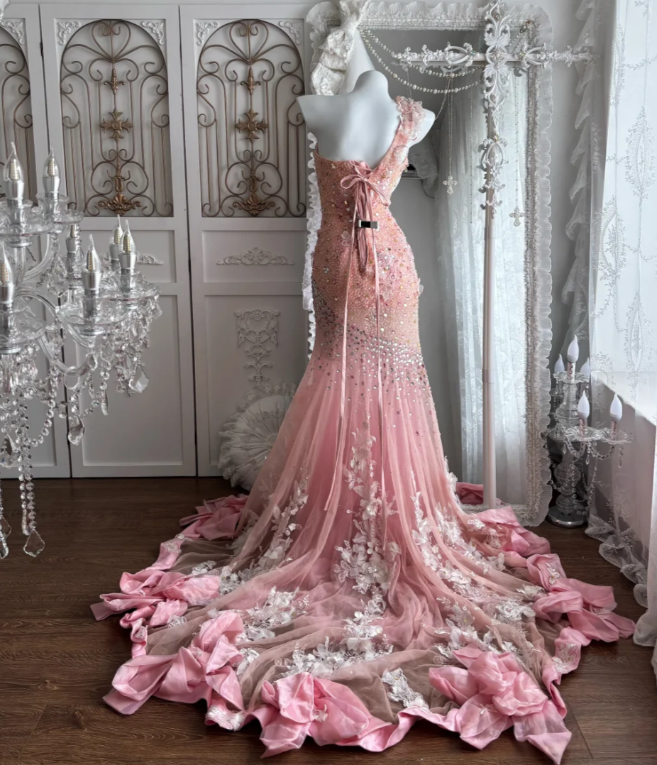 Charming One Shoulder Pink Prom Dress Sequins Appliques Mermaid Evening Dress GG7377