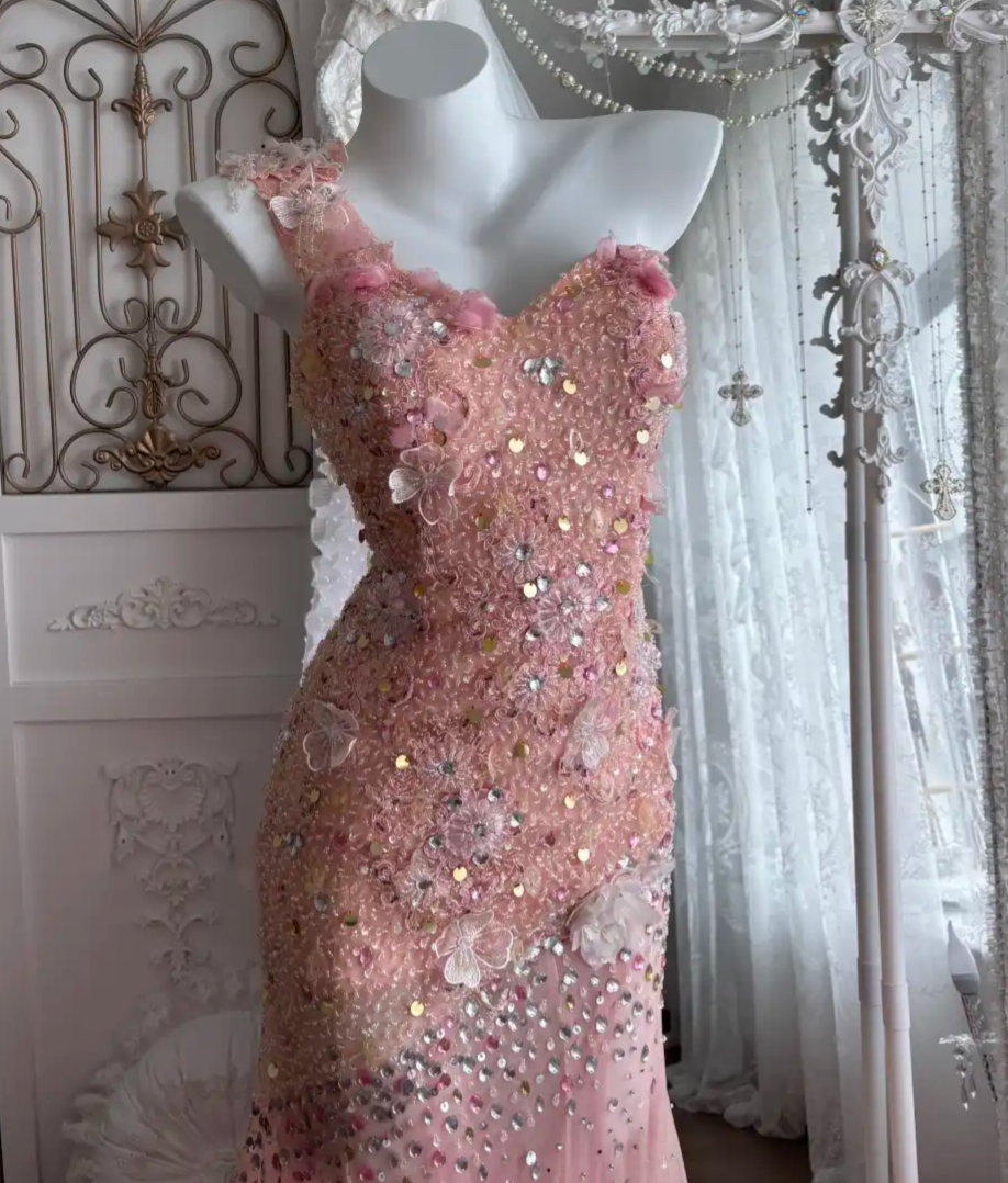 Charming One Shoulder Pink Prom Dress Sequins Appliques Mermaid Evening Dress GG7377