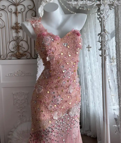Charming One Shoulder Pink Prom Dress Sequins Appliques Mermaid Evening Dress GG7377