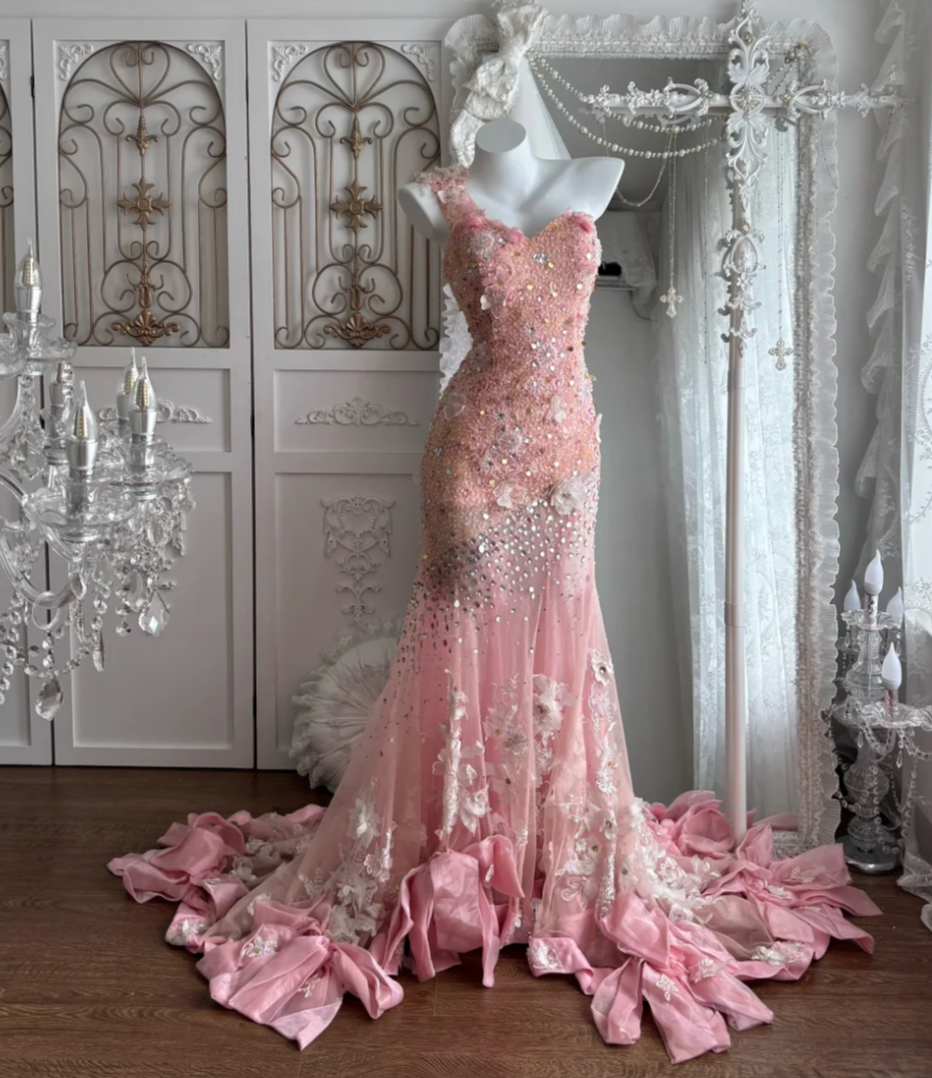 Charming One Shoulder Pink Prom Dress Sequins Appliques Mermaid Evening Dress GG7377