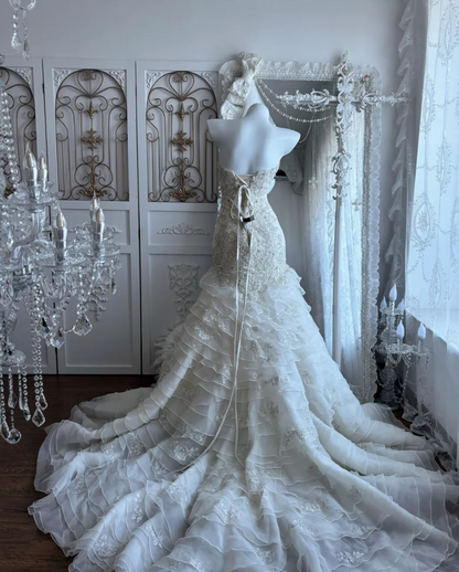 Luxurious Strapless Beaded Wedding Dress Embroidery Tiered Mermaid Bridal Dress GG7378