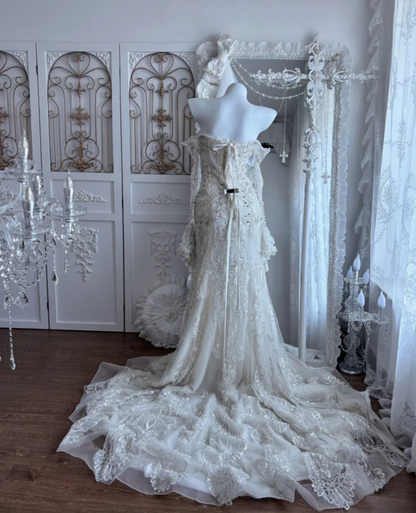 Sparkling Off-Shoulder Wedding Dress Long Sleeve Beading Mermaid Bridal Dress GG7379