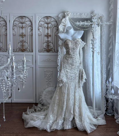 Sparkling Off-Shoulder Wedding Dress Long Sleeve Beading Mermaid Bridal Dress GG7379